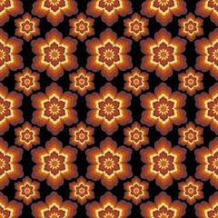 Seamless pattern with one repeating abstract flower in orange tones on black background, floral decorative design element