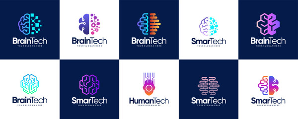 human brain logo collection with smart technology concept, connection network, design template illus