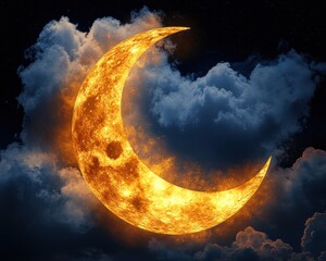 Wall Mural - Fiery Crescent Moon in a Dramatic Night Sky