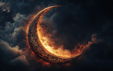Wall Mural - Fiery Crescent Moon in Starlit Night Sky