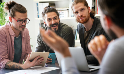 happy software developers working on meeting, programming advanced code artificial intelligence.