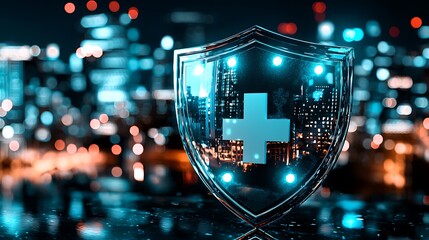 Wall Mural - City health protection shield at night with blurred urban background