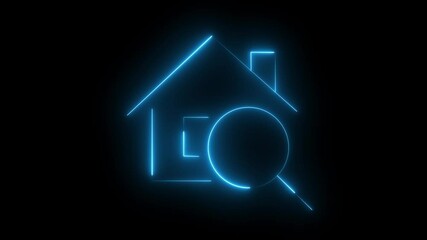 purple aquamarine color Glowing neon line Search house icon isolated on black background. Real estate symbol of a house under magnifying glass. Glowing neon Home icon isolated on black background. 