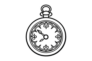 A black and white line art illustration of a vintage pocket watch.eps