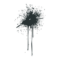 Poster - Black ink splatter in flat design. Dirty exploding paint spray with drops. Vector illustration isolated.