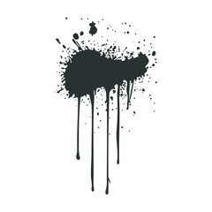 Poster - Black ink splatter in flat design. Messy paint stroke with fluids melt. Vector illustration isolated.
