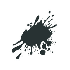 Aufkleber - Black ink splatter in flat design. Messy grunge spatter shape with drops. Vector illustration isolated.