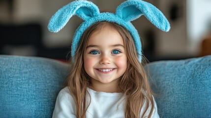 Wall Mural - A young girl wearing a blue bunny hat is smiling. She is sitting on a couch. The couch is blue and has a pattern