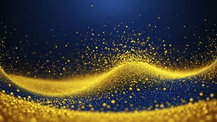 Wall Mural - Abstract digital artwork with golden shimmering waves and particles against a deep blue background.