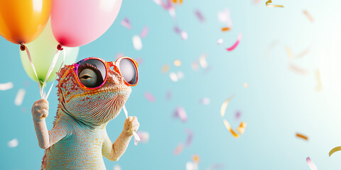 funny chameleon wearing sunglasses holding happy birthday balloons and confetti explosion flying aro