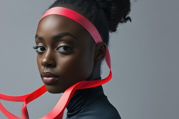 A woman wearing a red ribbon around her head, perfect for use in a variety of themes and contexts