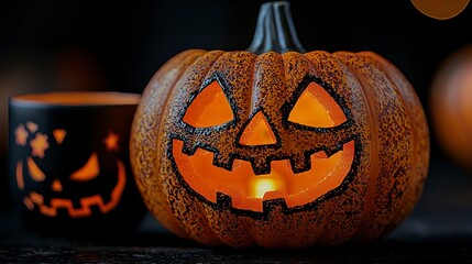 Wall Mural - Carved pumpkins on table for holiday display