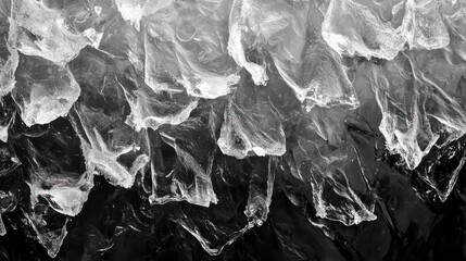 Poster - Abstract grayscale image of ice formations, resembling crumpled fabric or paper, with varying shades of light and dark.