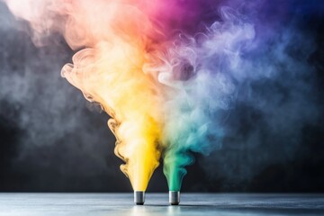 Wall Mural - colorful smoke swirls upward from vibrant canisters on a rustic wooden table against a dark backdrop