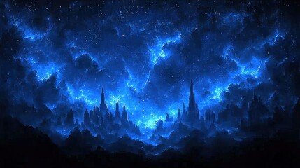 Wall Mural - futuristic city under a vibrant blue nebula: a digital fantasy landscape
