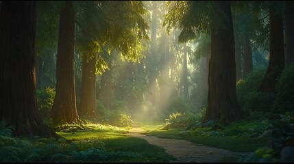 Sunlit forest path, misty morning, redwood trees, game background