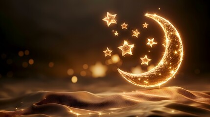 Canvas Print - Glowing crescent moon and stars on dark fabric background