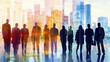 © nuttachet chinavong - Silhouettes of business professionals against vibrant city skyline, symbolizing teamwork and success in modern urban environment