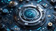 © Santri - Futuristic Technological Device Close-Up: Glowing Blue Accents on a Metallic Circular Component