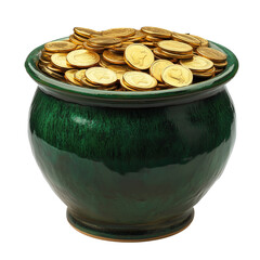 Green ceramic pot filled with shiny gold coins on white or transparent background