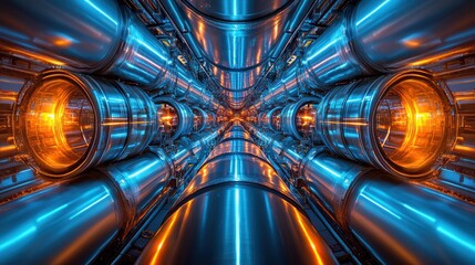 Wall Mural - futuristic technological tunnel with glowing orange and blue elements