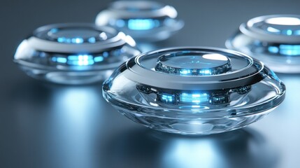 Wall Mural - futuristic translucent discs with glowing blue lights: abstract 3d render