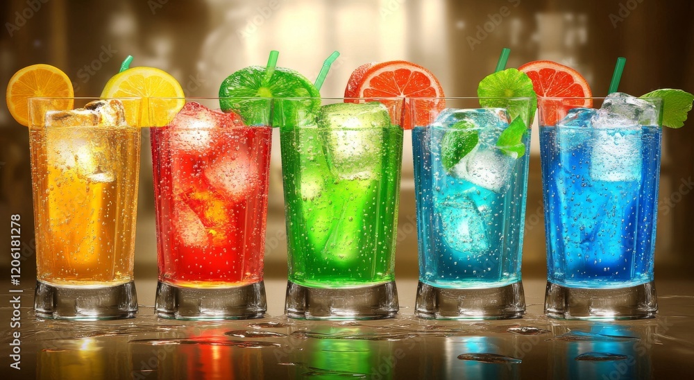 Cocktail Ranges Colour Illustrator's view of colorful cocktails lined up together, showcasing ...