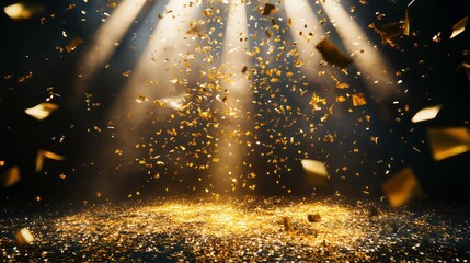 Poster - Golden confetti falling on dark background with spotlights.