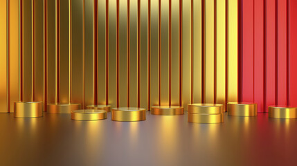 Wall Mural - Elegant metallic podiums with golden and red background, perfect for display