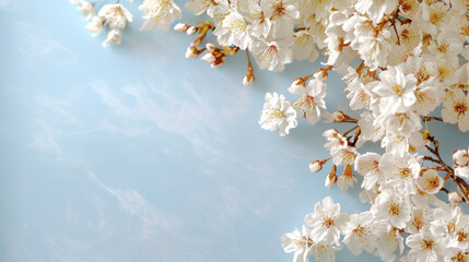 Wall Mural - Delicate cherry blossoms create serene atmosphere against soft blue background, evoking feelings of tranquility and beauty