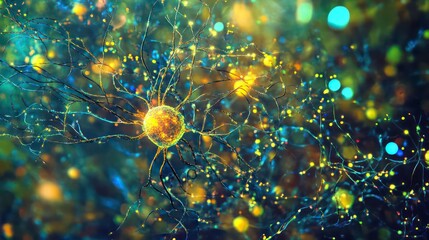Aufkleber - Microscopic view of vibrant neuron cells with glowing connections.