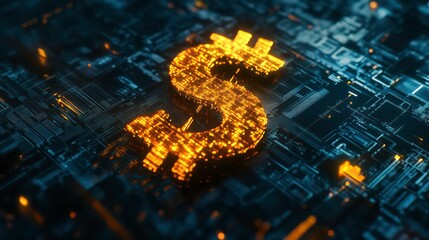 Poster - Glowing dollar sign symbol on a circuit board.