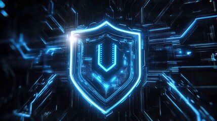 Poster - Futuristic glowing shield in digital circuit background.