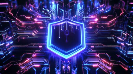 Poster - Glowing shield cybersecurity digital technology concept.