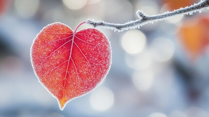 Wall Mural - Frosted Red Heart-Shaped Leaf on Branch Against a Blurred Background
