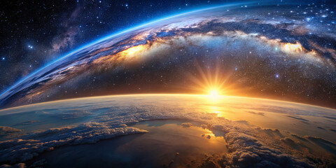 Wall Mural - a breathtaking perspective of earth as the sun rises beyond the horizon, illuminating clouds while a