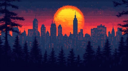 Canvas Print - City pixel art sunset with silhouetted trees