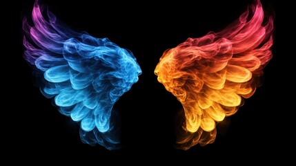 Wall Mural - Vibrant Smoke Wings in Blue and Orange Against Black Background