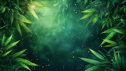 Wall Mural - Lush Green Bamboo Leaves Frame with Soft Glowing Background