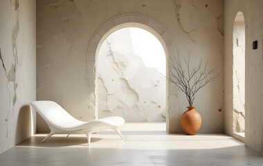 Minimalist interior, rustic textured walls, white curved chaise lounge, terracotta vase with dried branches, arched doorway, soft natural light, neutral color palette, zen atmosphere, modern organic d