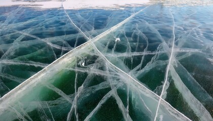 Aufkleber - abstract frozen surface with intricate white ice cracks on dark turquoise lake, natural winter patterns for graphic background