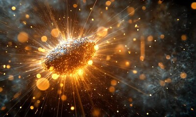 Wall Mural - A vibrant cosmic scene showcasing a glowing celestial object surrounded by sparkling particles in a dark universe