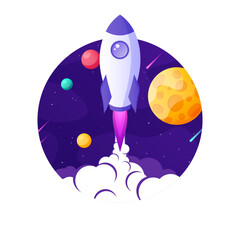 Wall Mural - rocket launch, space futuristic colorful background with planets and stars. cartoon starship, spaces