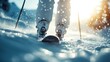 © afif - Closeup skier's legs carving snowy slope with sunburst background. Use Sports action stock
