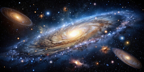 Wall Mural - an expansive galaxy glows at the center, surrounded by smaller galaxies and stars within a dark, cos