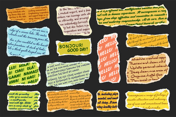 Wall Mural - ripped paper strips with handwritten text. realistic crumpled paper scraps with torn edges. shreds o