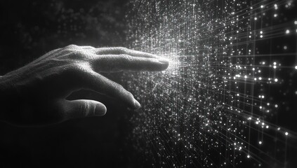 Hand touching digital data grid, futuristic background, tech concept