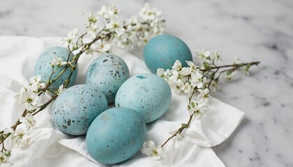 Wall Mural - Speckled blue Easter eggs on white fabric surrounded by small white flowers. Rustic spring composition for Easter celebration. Happy Easter Concept for Design, Cover, Poster, Banner.