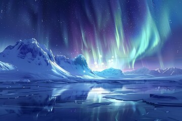 northern lights over snowy mountain and lake scene. neural network ai generated