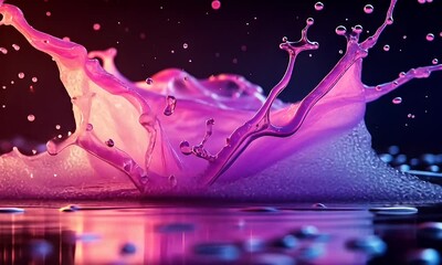 Wall Mural - Vibrant splash of pink liquid creating dynamic shapes against a dark background with reflections and bubbles